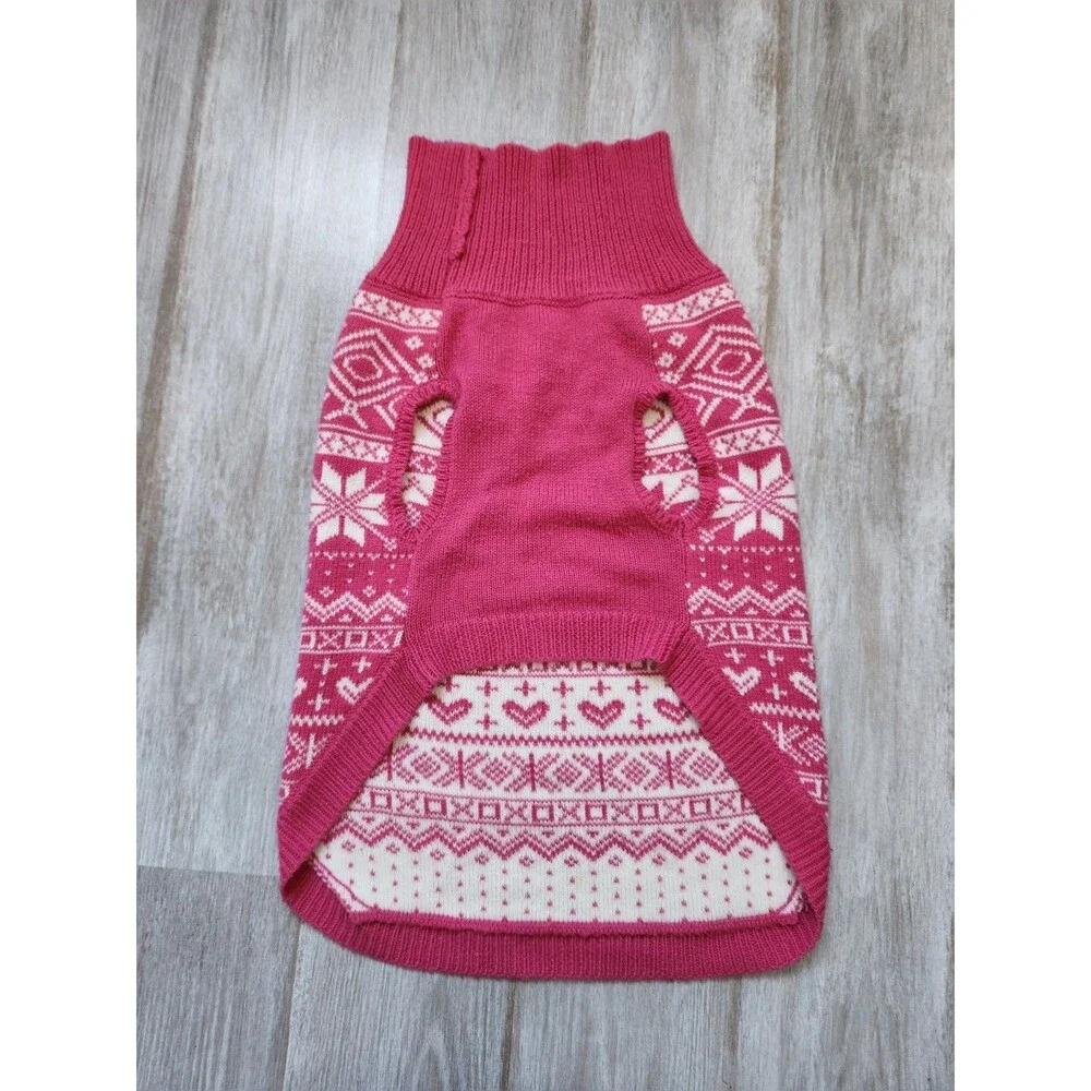 Pink White Fair Isle Snowflake Knit Dog Sweater Stretch Cozy Winter Size L GUC